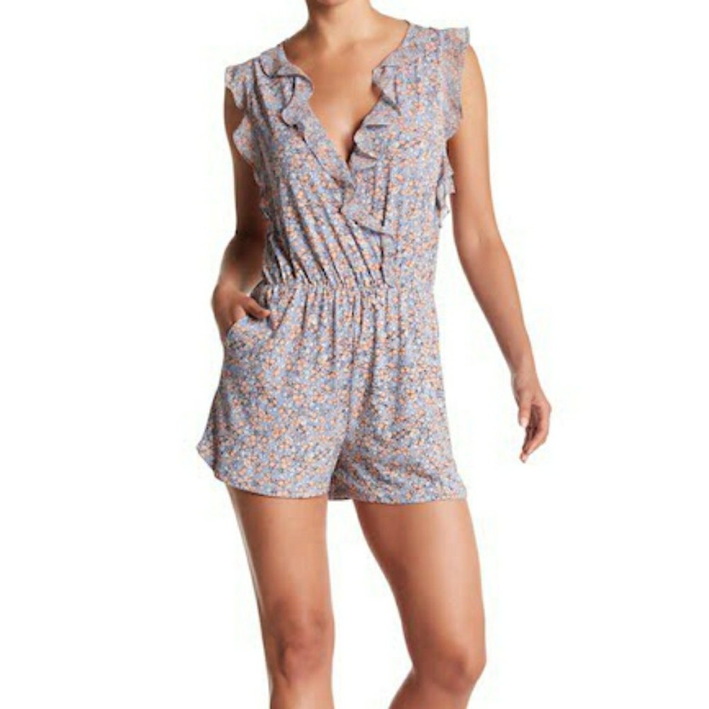 BCBGeneration Floral Ruffle Jumpsuit - Blue and Orange
